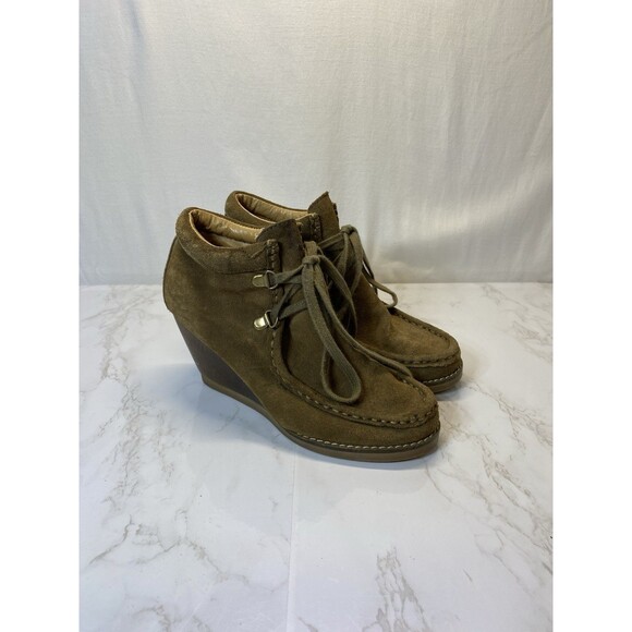 Volatile Shoes - Very Volatile Moby Brown Green Suede Stacked Wedge Boot Women's Size 6 Lace Up